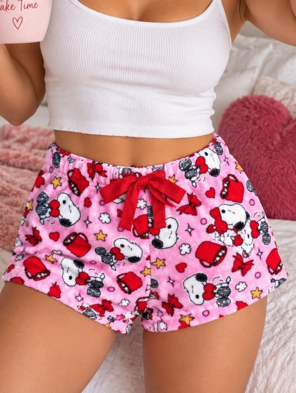 Peanuts Snoopy Pink Red Plush Valentine Heart Pajama Lounge Shorts -A